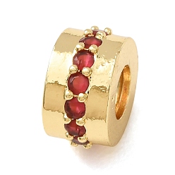 Red Brass Micro Pave Cubic Zirconia European Beads, Large Hole Beads, Column, Golden, Red, 6x10mm, Hole: 4.5mm