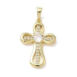 Clear Easter Religion Brass Micro Pave Clear Cubic Zirconia Pendants, Cross Charms, Real 18K Gold Plated, 26x18x4mm, Hole: 6x3.5mm