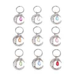 Античный Серебристый & Платиновый Градиент цвета краска для выпечки прозрачные стеклянные брелки, с разъемными кольцами для ключей из сплава и железа, форма луны, разноцветные, старинное серебро и платина, 64 мм, Кулон : 39x34x5 мм, Кольцо: 25x2.5 mm, 22 мм внутренним диаметром