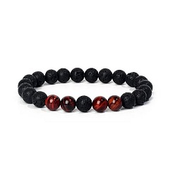 Red 8MM Round Dyed Natural Tiger Eye and Lava Rock Yoga Beaded Stretch Bracelets, Buddhist Prayer Bracelets, Red, 7.09 inch(18cm)
