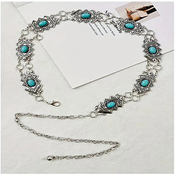 Античное Серебро Сплав с окрашенной синтетической бирюзой ромбовидные звенья цепочки для талии и живота для женщин, античное серебро, 600 мм