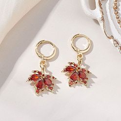 Оранжево-Красный Серьги-подвески из латуни с микропаве из кубического циркония и застежкой-крючком в виде кленового листа., с фурнитурой латунной для серег, золотые, оранжево-красный, 32.5~33x16.5 мм