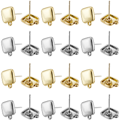 Платиновый & Золотой 32шт. 2 цвета сплава серьги-гвоздики фурнитура, с горизонтальными петлями, квадратный, платиной и золотом, 10x8.5 мм, отверстие : 1 мм, штифты : 0.7x10.5 мм, 16 шт / цвет