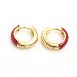 Красный Серьги-кольца Huggie из латуни с эмалью, кольцо, золотые, красные, 14x3.5 мм, штифты : 1 мм