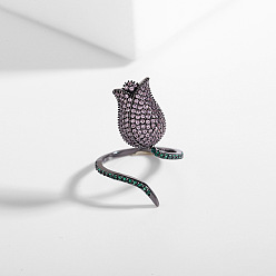 Розовый Кольца-манжеты из розовой латуни с микропаве из кубических цирконий, металлический черный , туманная роза, внутренний диаметр: регулируемый