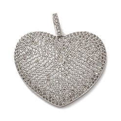 Платина Латунные микропаве прозрачные подвески с фианитом, сердце прелести, стойки покрытие, прочное покрытие, без кадмия и без свинца, платина, 29x33x4.5 мм, отверстие : 3x5.5 мм