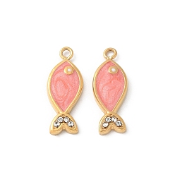 Pink 304 нержавеющей стальной эмали подвески, со стразами, реальный 18 k позолоченный, рыбы прелести, ионное покрытие (ip), розовые, 16x6x2 мм, отверстие : 1.2 мм