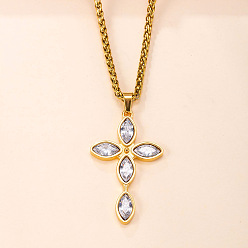 Прозрачный 304 Подвеска-крест из нержавеющей стали с инкрустацией кубическим цирконием, религиозная тематика, для мужчин и женщин, реальный 18 k позолоченный, прозрачные, 23.62 дюйм (60 см)