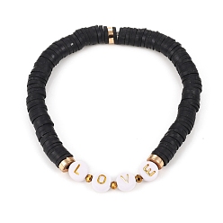 Noir Bracelets élastiques faits à la main de perles heishi en pâte polymère, pour Saint Valentin, laiton perles d'espacement, des billes de verre et des perles d'acrylique de placage, mot d'amour, noir, diamètre intérieur: 2-1/8 pouce (5.5 cm)