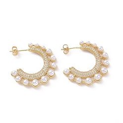 Real 18K Gold Plated Clear Cubic Zirconia C-shape Stud Earrings with ABS Plastic Pearl Beaded, Brass Half Hoop Earrings for Women, Real 18K Gold Plated, 26.5x30x4.5mm, Pin: 0.9mm