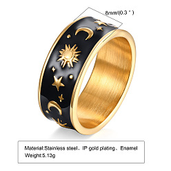 Golden Black Enamel Moon and Star Finger Ring, Stainless Steel Jewelry for Women, Golden, US Size 8(18.1mm)