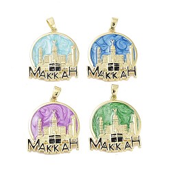 Mixed Color Rack Plating Brass Enamel Pendants, Long-Lasting Plated, Lead Free & Cadmium Free, Real 18K Gold Plated, Flat Round with MAKKAH Charm, Mixed Color, 30x26x3mm, Hole: 5.5x3.5mm