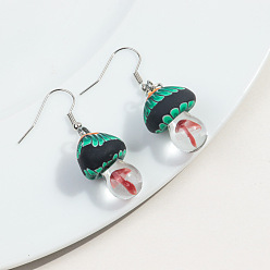 Зеленый Осенние серьги-подвески из полимерной глины, гриб, платина, зелёные, 53x16 мм