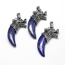 Ляпис-Лазурь Античный серебряный сплав цинка окрашенный и подогревом природных лазурит большие подвески, Бивень форма с дракона, без свинца и без никеля , 56~59x25x11.5 мм, отверстие : 4x8 мм
