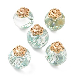 Light Green Glass Dried Flower Big Pendants, with Alloy Findings, Round, Light Gold, Light Green, 21x16mm, Hole: 2mm