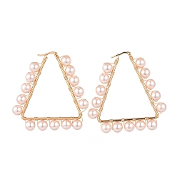 Pink Creolen, mit Muschelkernperlen, Kupferdraht mit 304 Edelstahl-Creolen, Dreieck, golden, rosa, 63x59x8 mm, Stift: 1.5 mm