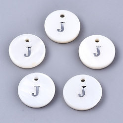 Letter J Natural Freshwater Shell Pendants, with Platinum Plated Iron Etched Metal Embellishments, Flat Round with Initial Letter, White, Letter.J, 11x2mm, Hole: 1.5mm