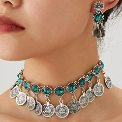 Изумруд Комплекты из ожерелий с кисточками и серег-гвоздиков из сплава со стразами и круглыми монетами, античное серебро, изумруд, 470 мм