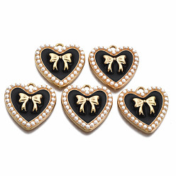 Черный Подвески из эмали и сплава, золотой свет, с абс пластмассовой имитационной жемчужиной, без кадмия, без никеля и без свинца, сердце с бантом, чёрные, 21.5x21.5x4.5 мм, отверстие : 1.8 мм