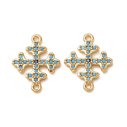 Real 18K Gold Plated Brass Micro Pave Synthetic Turquoise Connector Charms, Snowflake Links, with Cubic Zirconia, Cadmium Free & Lead Free & Nickel Free, Long-Lasting Plated, Real 18K Gold Plated, 16.5x13x2mm, Hole: 1.2mm
