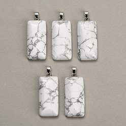 Howlite Pendentifs howlite naturelles, charme rectangle, avec 304 mousqueton en acier inoxydable sur les balles, couleur inox, 44~45x19~20x8~9mm, Trou: 7.5x4mm