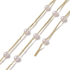 Golden Rack Plating Brass Curb Chains, with Plastic Pearl Beaded, Soldered, with Card Paper, Golden, 7x4mm