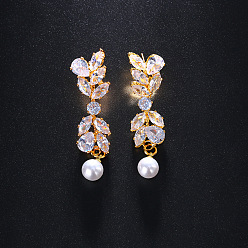 Золотой Серьги-гвоздики из листовой латуни с прозрачным кубическим цирконием, с пластиковой имитационной жемчужиной, золотые, 20 мм