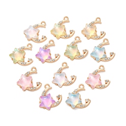 (52) Непрозрачная лаванда Сплав стекла подвески, луна со звездным шармом, со стразами, золотые, разноцветные, 16x16x5 мм, отверстие : 1.6 мм