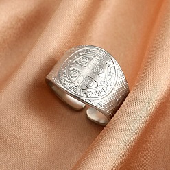 Золотой 304 открытые кольца манжеты из нержавеющей стали, Святой бенедикт, золотые, 14.5 мм