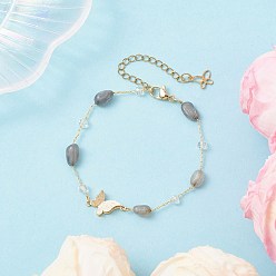 Лабрадорита Ожерелья из бусин ручной работы из стекла и натуральных лабрадоритовых самородков, латунные цепочки-бабочки для женщин, золотые, 7-3/8 дюйм (18.6 см)