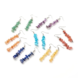 Mixed Stone 7Pcs 7 Style Natural & Synthetic Mixed Gemstone Chip Beaded Dangle Earrings with Glass, Brass Long Drop Earrings for Women, 60~62x19mm, Pin: 0.6mm, 1 Pairs/style