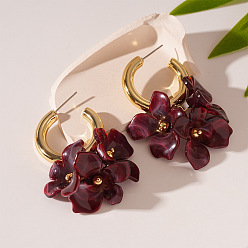 Темно-Красный Серьги-гвоздики из цветочного сплава и акрила, золотые, темно-красный, 47x34 мм