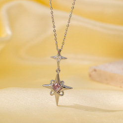 Звезда Женские кулоны с микропаве из прозрачных и розовых кубических цирконий из латуни, платина, звезда, 15.75 дюйм (40 см), подвеска: 37x20 мм.