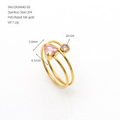 Pink 304 Stainless Steel Pave Cubic Zirconia Cuff Open Rings, Heart, Golden, Pink, US Size 7 1/4(17.5mm)