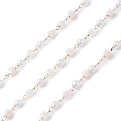 Antique White Cube & Round Glass & ABS Imitation Pearl Beaded Chains, Unwelded, with 304 Stainless Steel Link Chains, Golden, Antique White, 2.5~3x2.5~3x2.5mm