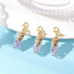 Аметист Кусочки натурального аметиста внутри стеклянной бутылки с желаниями, украшение в виде подвески, с подвесками из нержавеющей стали в виде звезд, луны и молний, 39.5 мм, 3 шт / комплект