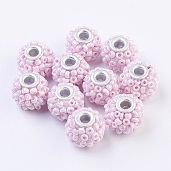Pink Handmade Indonesia Beads, with Metal Findings, Flat Round, Silver, Pink, 14.5~16.5x11mm, Hole: 3mm