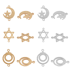 Mixed Color 12Pcs 6 Style 201 Stainless Steel Link Connectors, Textured, Laser Cut, Star & Moon & Hexagram, Mixed Color, 2pcs/style