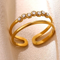 Real 18K Gold Plated 304 Stainless Steel Pave Cubic Zirconia Cuff Open Rings, Round, Real 18K Gold Plated, 6.5mm, US Size 7 1/4(17.5mm)