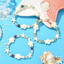 Mixed Stone 3Pcs Shell Pearl & Natural & Synthetic Mixed Gemstone Beads Stretch Bracelets for Women, Starfish & Turle, Inner Diameter: 1.81~1.89  inch(4.6~4.8cm), 3pcs/set