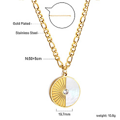 Golden Natural White Shell 304 Stainless Steel Pendant Necklaces for Women, with Crystal Rhinestone, Golden, 19.69 inch(50cm), Pendant: 19.8mm