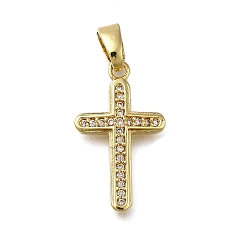 Настоящее золото 18K Латунные микропаве прозрачные подвески с фианитом, крестик, долговечный, стойки покрытие, без свинца и без кадмия, реальный 18 k позолоченный, 22x13x2.8 мм, отверстие : 5.5x3 мм