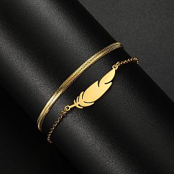 Настоящее золото 18K 304 многониточные браслеты-цепочки из нержавеющей стали с узором «елочка», браслеты из перьев для женщин, реальный 18 k позолоченный, 6-5/8 дюйм (16.8 см)