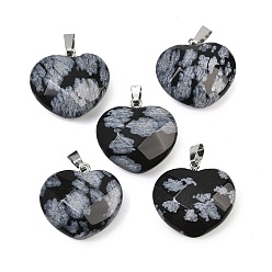 Снежный Обсидиан Естественно снежинка обсидиана подвески, ограненные сердце прелести, с железными поручнями, платина, 21.5~22.5x23~23.5x9~10 мм, отверстие : 2.5x7~7.5 мм