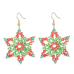 Разноцветный Серьги со снежинками из стеклянных бусин, Золотая латунная проволока для рождественских украшений для женщин, красочный, 61.5 мм, штифты : 0.6 мм