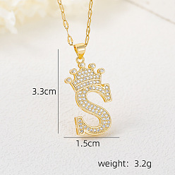 Letter S Хип-хоп латунные микропаве кубические цирконии корона инициал подвеска ожерелья, 304 ожерелья из нержавеющей стали с цепочкой для женщин, золотые, Письмо с, 15.75 дюйм (40 см)