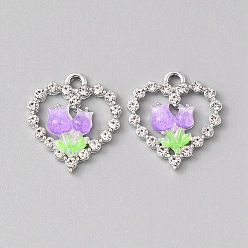 Фиолетовый Платинового сплава горный хрусталь подвески, cmолой, сердце с подвесками в виде бабочек, фиолетовые, 22x20x4~4.5 мм, отверстие : 2.5 мм