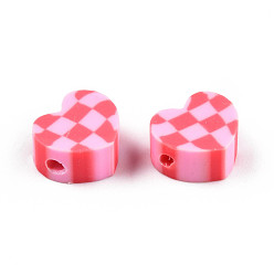 Бледно-Розовый Бусины из полимерной глины , сердце с рисунком тартана, розовый жемчуг, 9~10x9.5~10.5x4~4.5 мм, отверстие : 1.6 мм