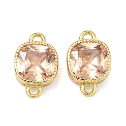 Персиковый Слойка Латунные подвески-коннекторы с квадратными фианитами, инкрустированные кубическим цирконием, золотые, стойки покрытие, без кадмия и без свинца, долговечный, розовые, 12x8x4 мм, отверстие : 1.2 мм