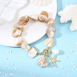 Navajo Blanco Pulseras con dijes de estrellas de mar de aleación marina, Pulseras de cuentas de pepitas de concha de agua dulce natural para mujer, dorado, blanco navajo, 7.87 pulgada (20 cm)